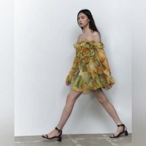 Zara Sz L Printed Tulle Dress Green and Orange